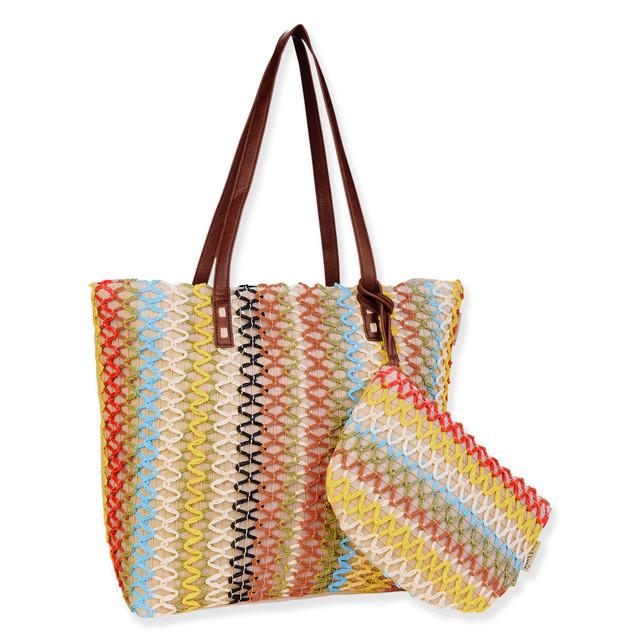 Sun N Sand Natural Multi Paper Crochet/Poly Cotton Shoulder Tote | CE6696 A
