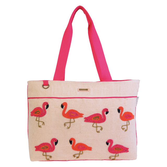 sun n sand Natural Shoulder Tote Beaded Flamingo | SNS6650 A