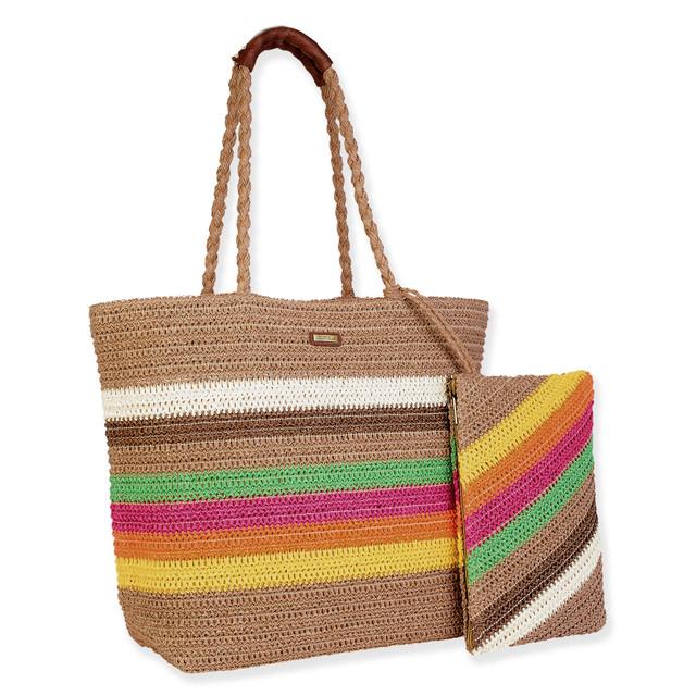 Sun N Sand Tan Multi Paper Crochet Shoulder Tote | CE6692 A