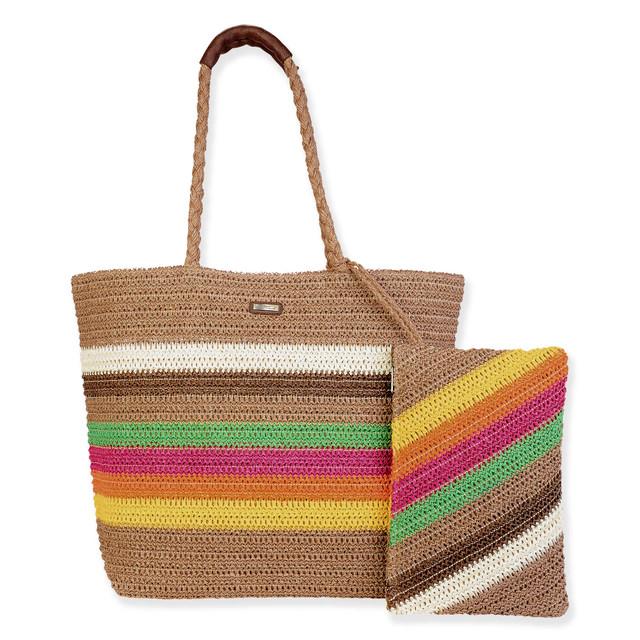 sun n sand Tan Multi Paper Crochet Shoulder Tote | CE6692 A