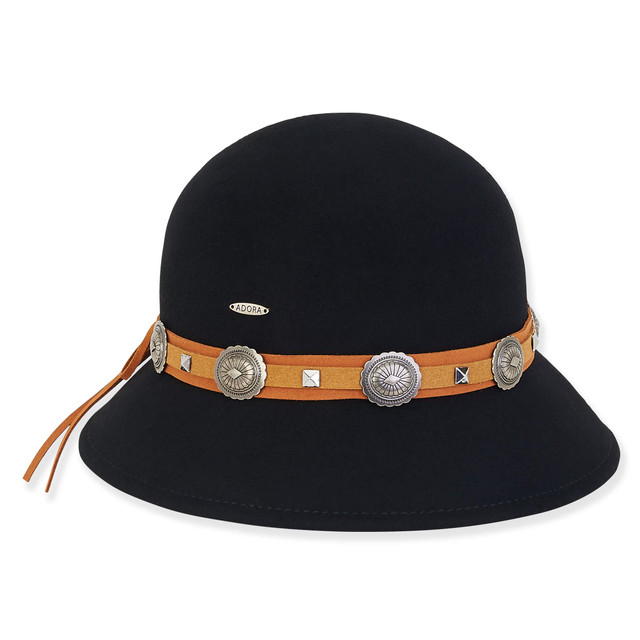sun n sand Women's Wool Felt Cloche Faux Leather Concho Stud Band | AD1420 B