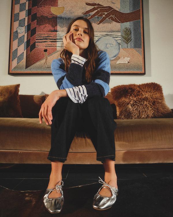 Sundry Sundry Bold Stripe Tunic Sweater With Embroidery In Blue Ice