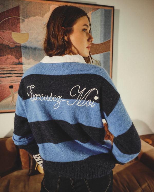 sundry Sundry Bold Stripe Tunic Sweater With Embroidery in Blue Ice