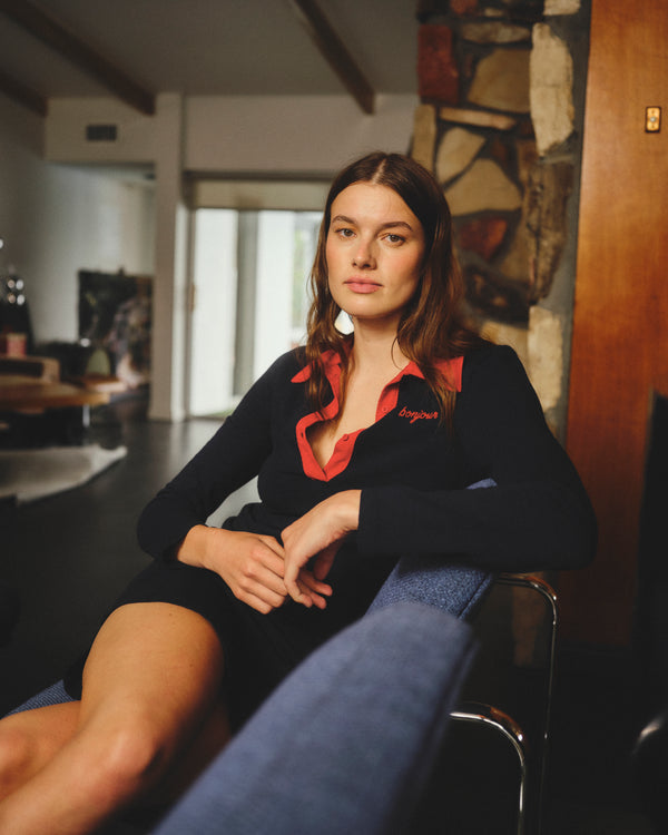 Sundry Sundry Bonjour Long Sleeve Polo Dress In Deep Navy