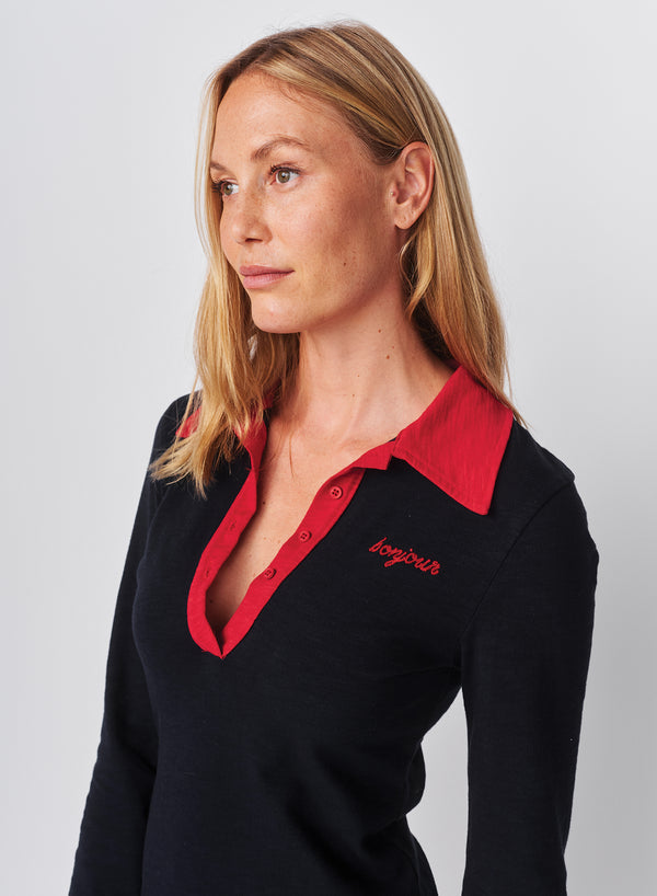 Sundry Sundry Bonjour Long Sleeve Polo Dress In Deep Navy