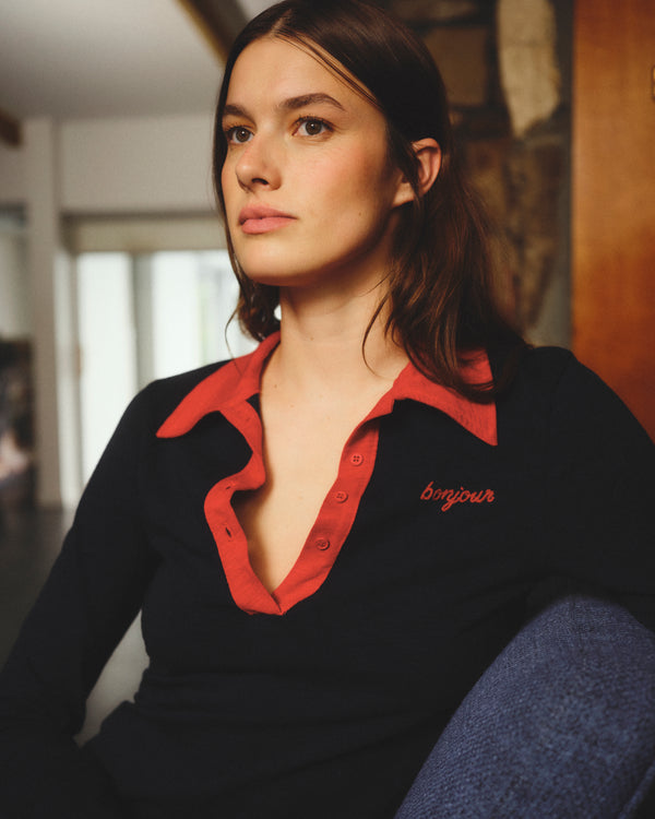 sundry Sundry Bonjour Long Sleeve Polo Dress in Deep Navy