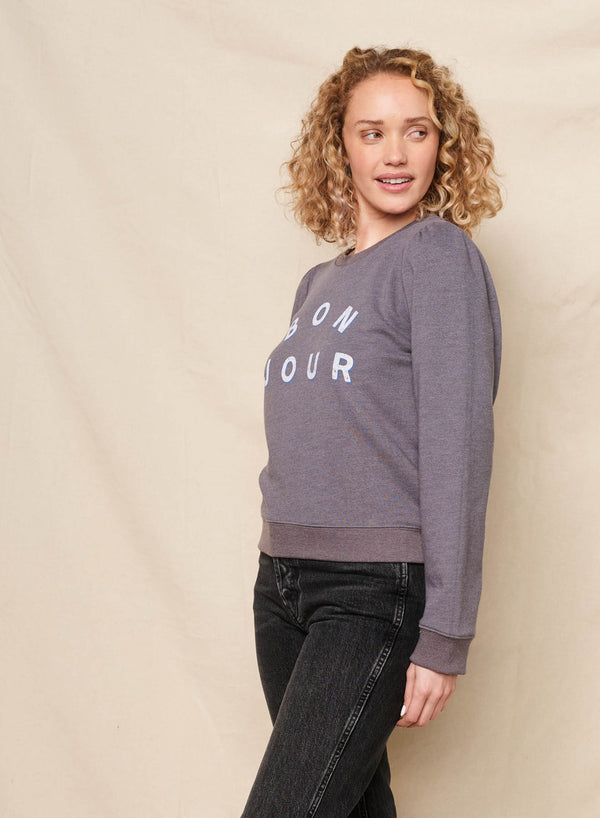 Sundry Sundry Bonjour Puff Sleeve Sweatshirt In Washed Black