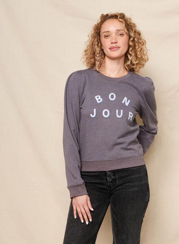 sundry Sundry Bonjour Puff Sleeve Sweatshirt in Washed Black