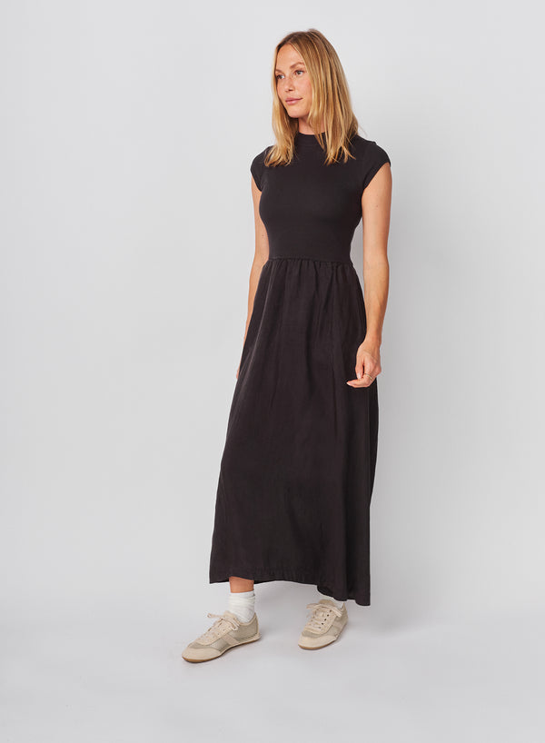 Sundry Sundry Cap Sleeve Mixed Rib / Cupro Dress In Washed Black