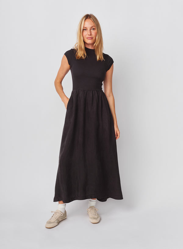 sundry Sundry Cap Sleeve Mixed Rib / Cupro Dress in Washed Black