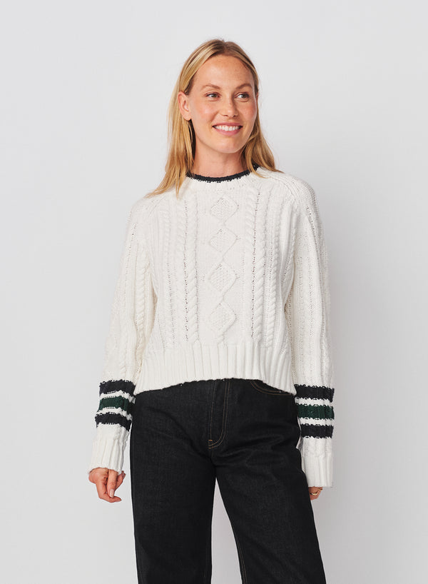 Sundry Sundry Chunky Cable Sweater With Stripes On Sleeves In Optic White