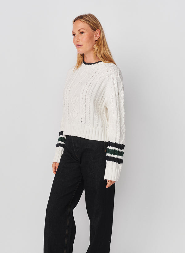 Sundry Sundry Chunky Cable Sweater With Stripes On Sleeves In Optic White