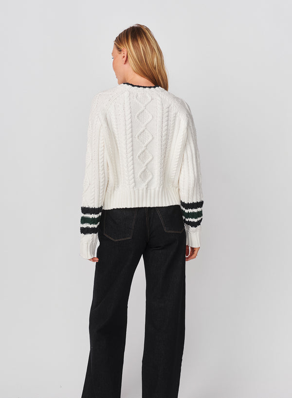 Sundry Sundry Chunky Cable Sweater With Stripes On Sleeves In Optic White