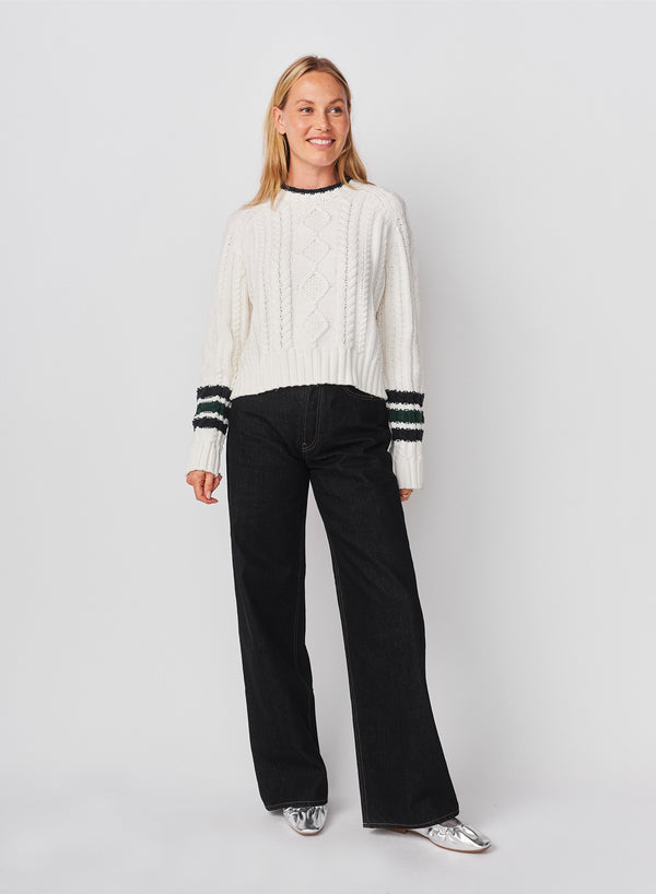 sundry Sundry Chunky Cable Sweater with Stripes On Sleeves in Optic White