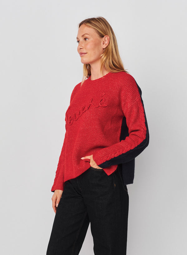 Sundry Sundry Color Block Tunic With Embroidery Sweater In Vintage Red