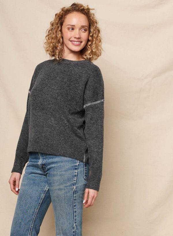 Sundry Sundry Crew With Baseball Stitching Sweater In Washed Black