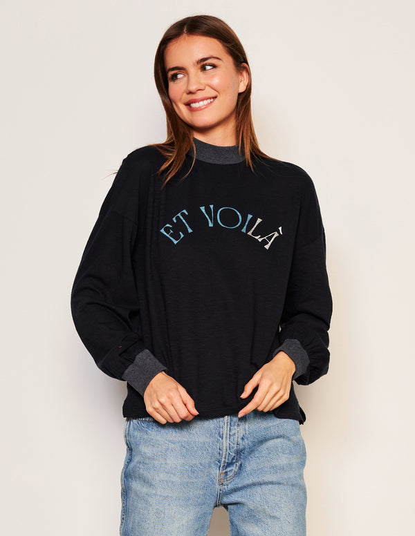 Sundry Sundry Et Voila Mock Neck Long Sleeve Tee In Deep Navy
