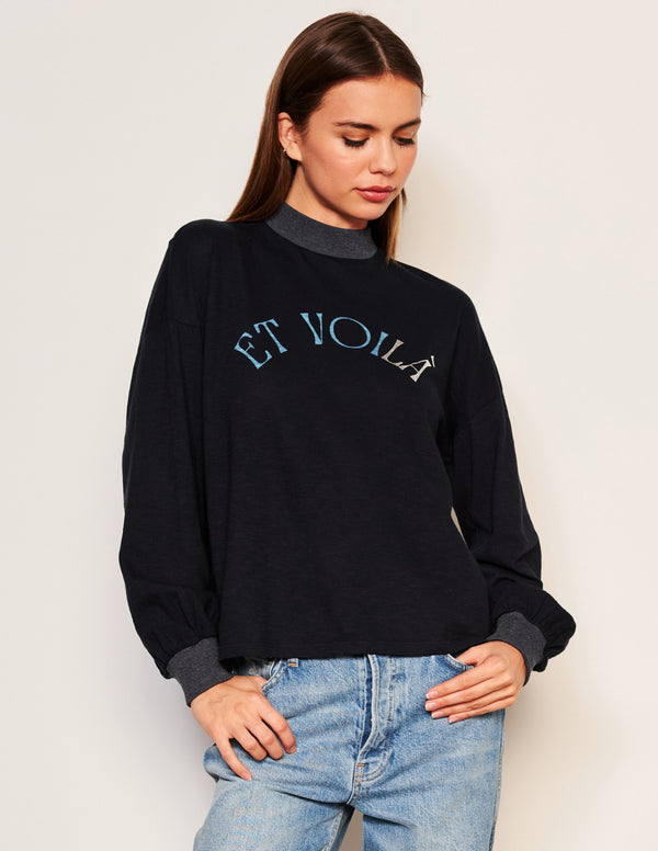 sundry Sundry Et Voila Mock Neck Long Sleeve Tee in Deep Navy