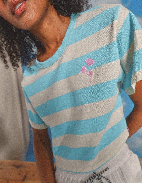 Sundry Sundry Floral Embroidery Rugby Stripe Boy Tee In Robins Egg