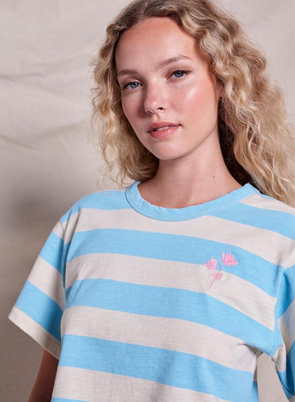 Sundry Sundry Floral Embroidery Rugby Stripe Boy Tee In Robins Egg