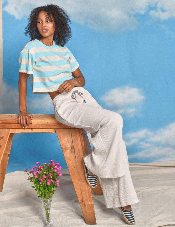 sundry Sundry Floral Embroidery Rugby Stripe Boy Tee in Robins Egg