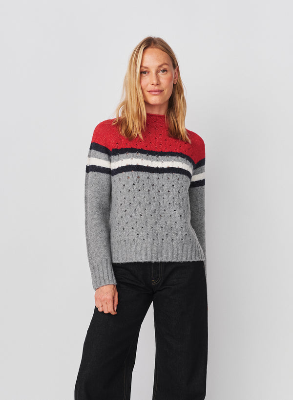 Sundry Sundry Funnel Neck With Chest Stripes & Cables Sweater In Heather Grey