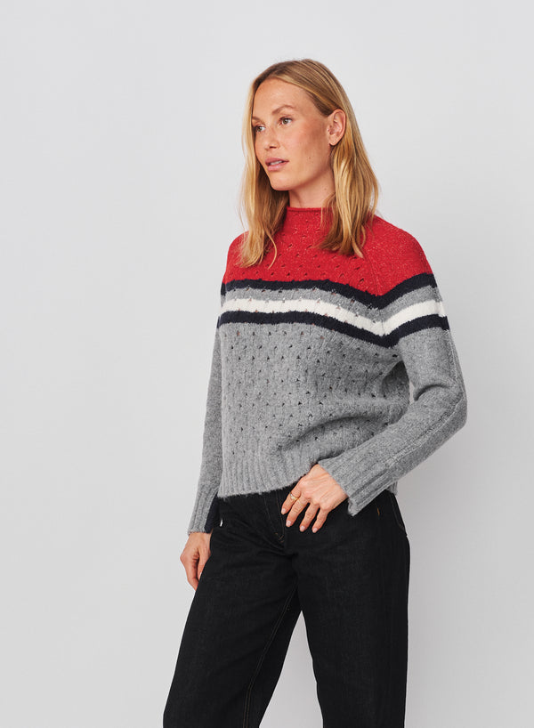 Sundry Sundry Funnel Neck With Chest Stripes & Cables Sweater In Heather Grey