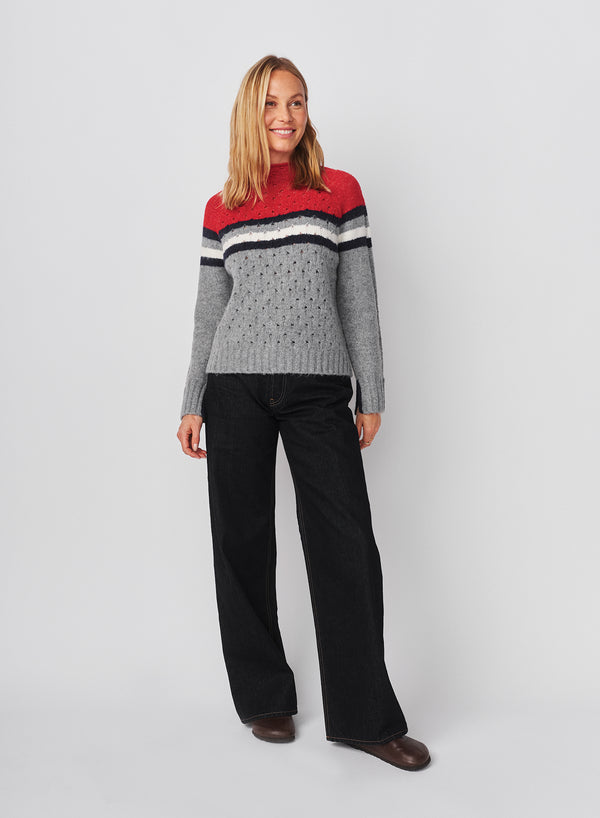 sundry Sundry Funnel Neck with Chest Stripes & Cables Sweater in Heather Grey