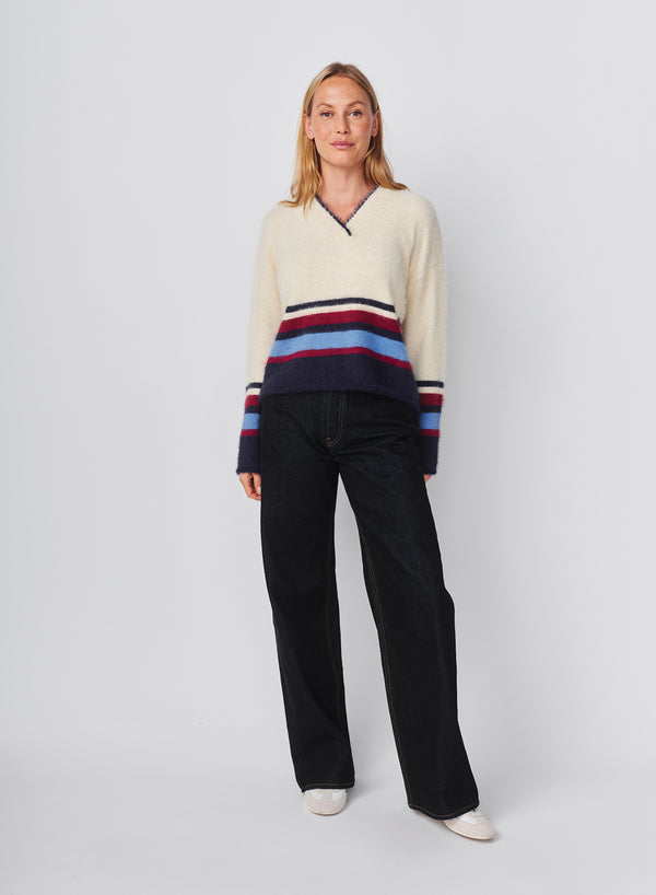 Sundry Sundry Furry Border Stripe V-Neck Sweater In Oyster
