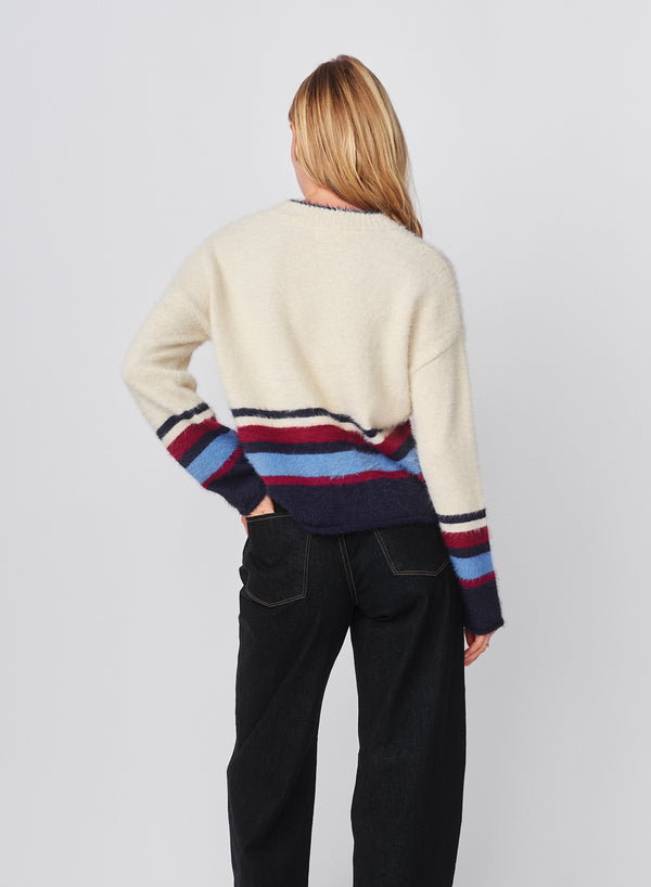 Sundry Sundry Furry Border Stripe V-Neck Sweater In Oyster