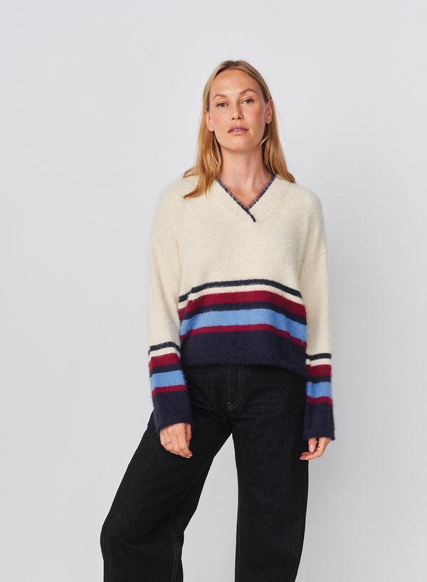 sundry Sundry Furry Border Stripe V-Neck Sweater in Oyster