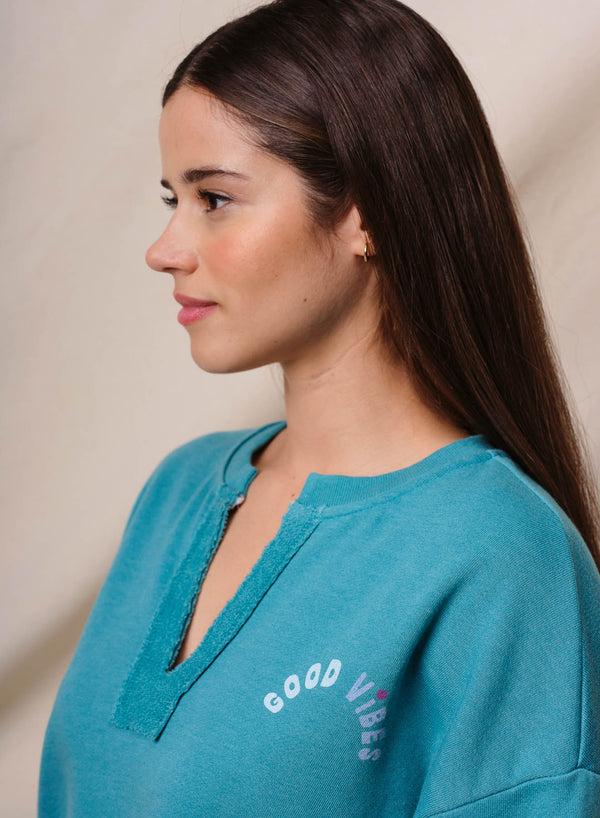 Sundry Sundry Good Vibes Split Neck Sweatshirt In Dusty Aqua