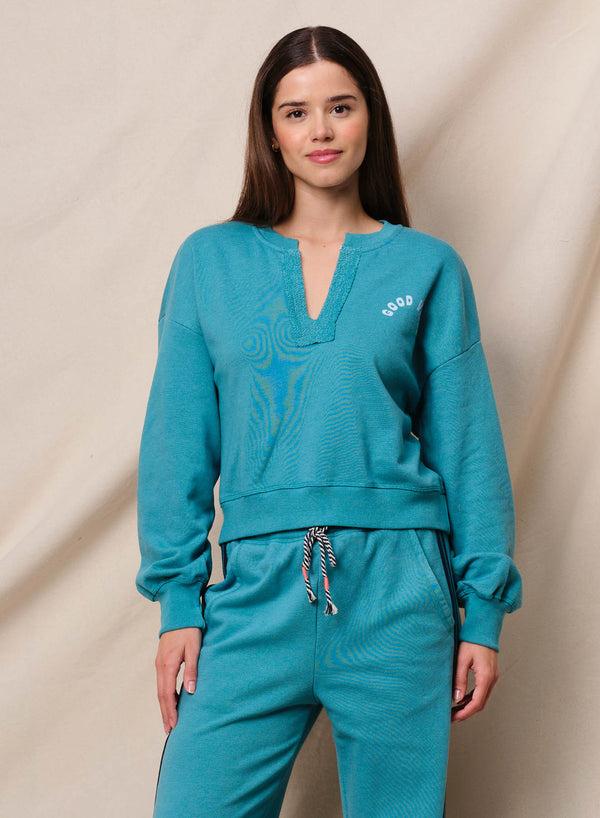 sundry Sundry Good Vibes Split Neck Sweatshirt in Dusty Aqua