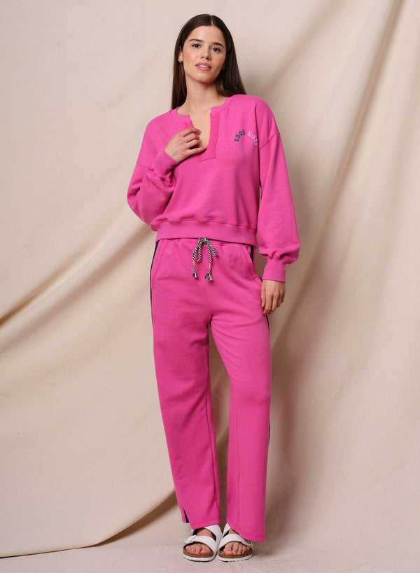 Sundry Sundry Good Vibes Split Neck Sweatshirt In Fuchsia
