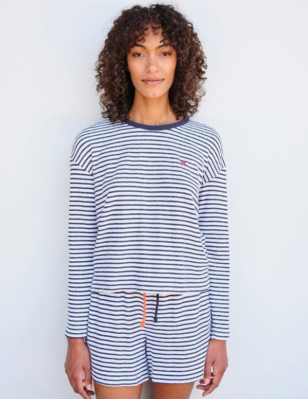 sundry Sundry Heart Stripe Long Sleeve Crew in White