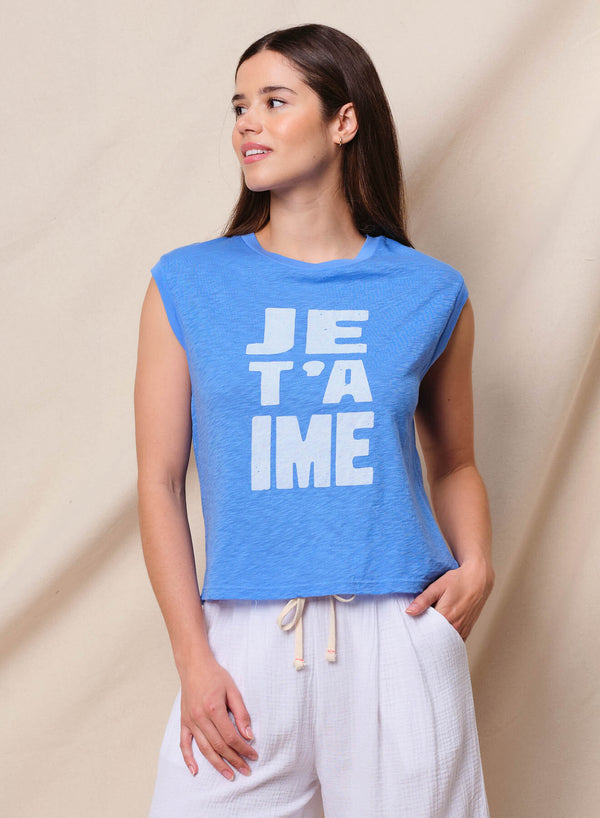 sundry Sundry Je T'aime Cropped Muscle Tee in Lagoon Blue
