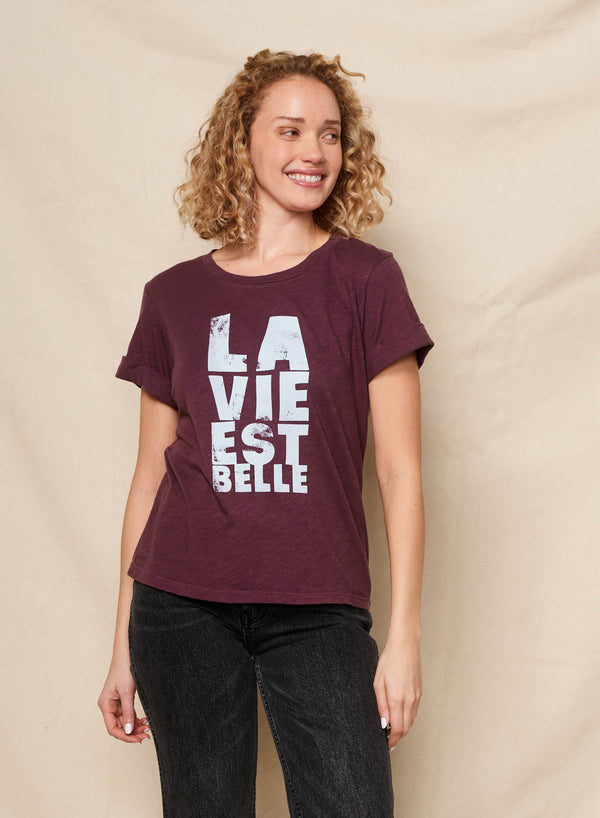 sundry Sundry La Vie Est Belle Rolled Sleeve Tee in Eggplant