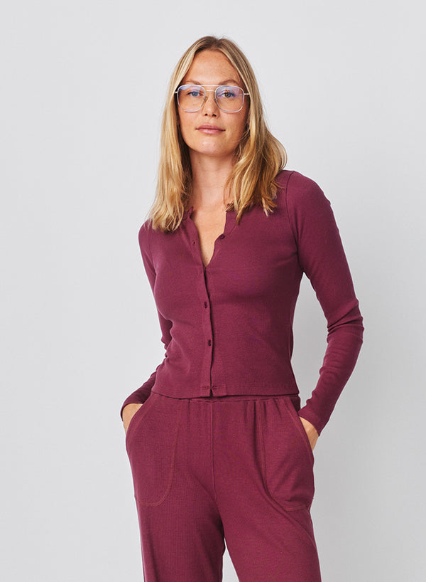 Sundry Sundry Long Sleeve Button Down Top In Mulled Wine