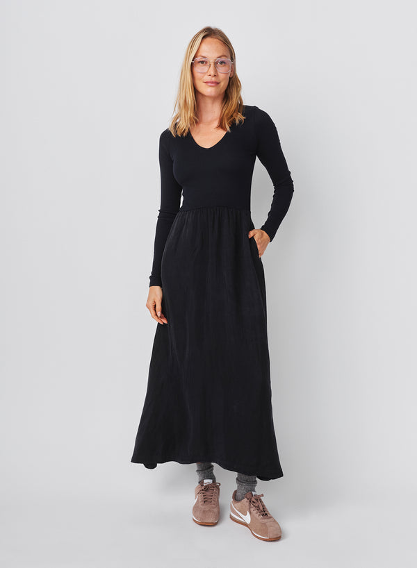 Sundry Sundry Long Sleeve Mixed Rib Cupro Dress In Deep Navy