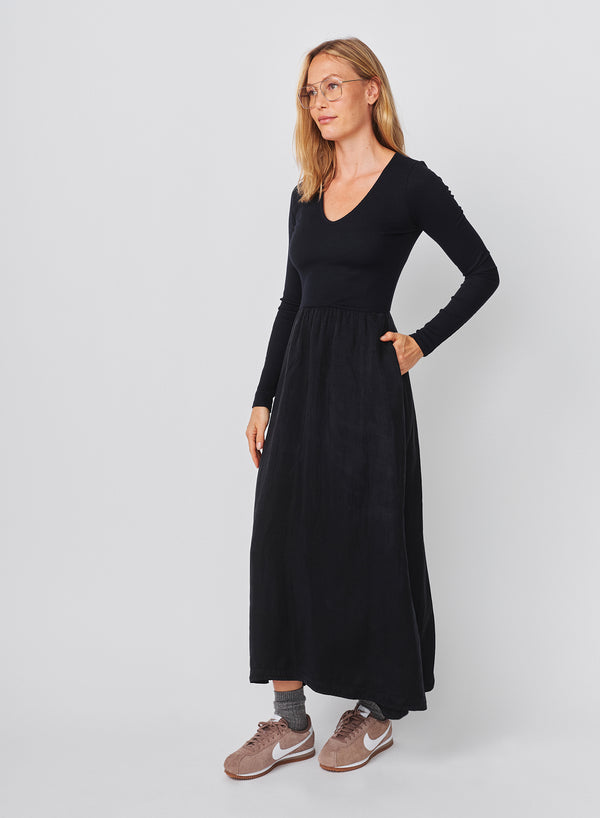 Sundry Sundry Long Sleeve Mixed Rib Cupro Dress In Deep Navy