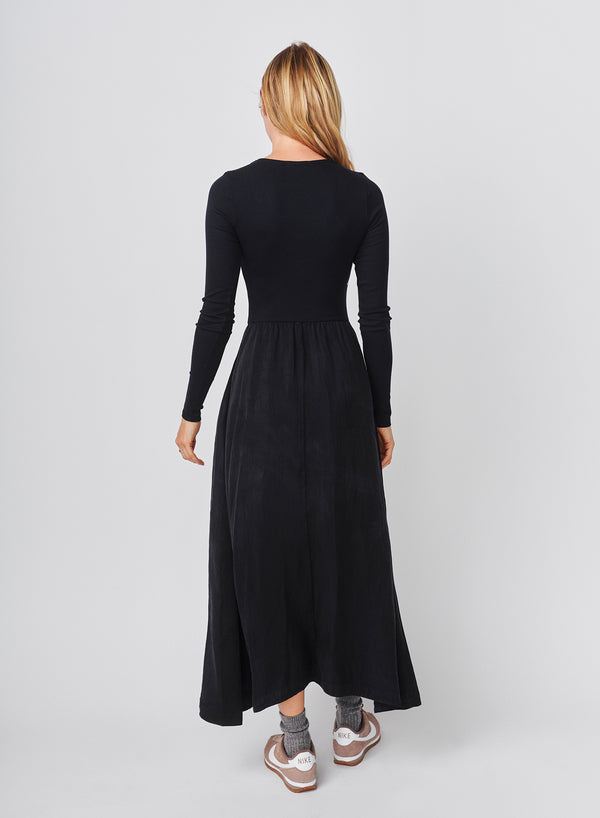 Sundry Sundry Long Sleeve Mixed Rib Cupro Dress In Deep Navy