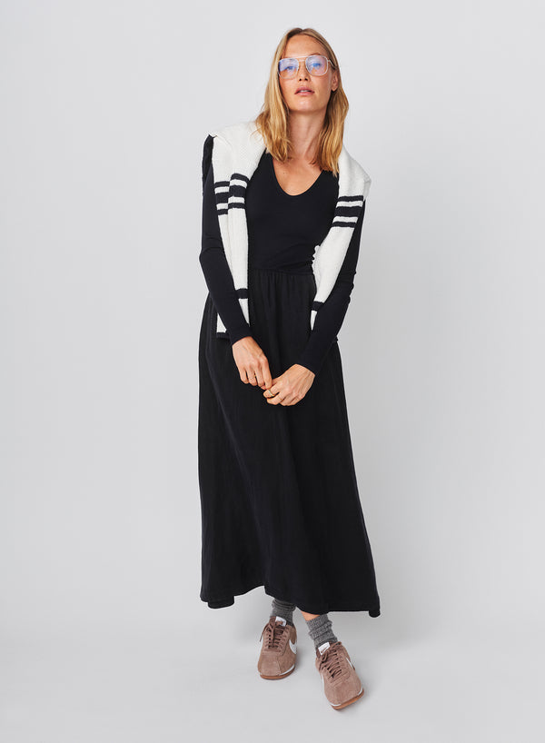 sundry Sundry Long Sleeve Mixed Rib Cupro Dress in Deep Navy