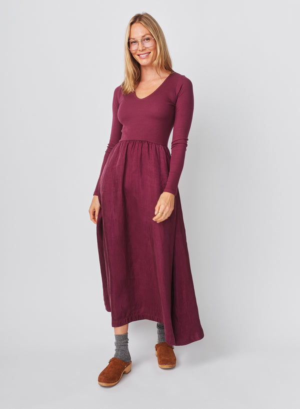 Sundry Sundry Long Sleeve Mixed Rib Cupro Dress In Mulled Wine