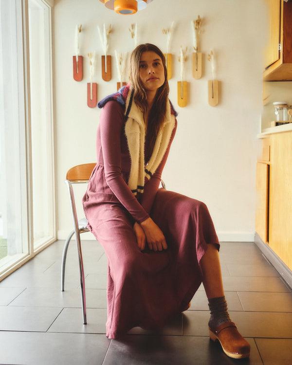 sundry Sundry Long Sleeve Mixed Rib Cupro Dress in Mulled Wine