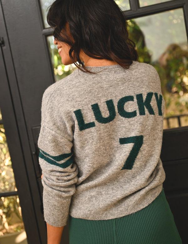 Sundry Sundry Lucky 7 V-Neck Intarsia Sweater In Heather Grey