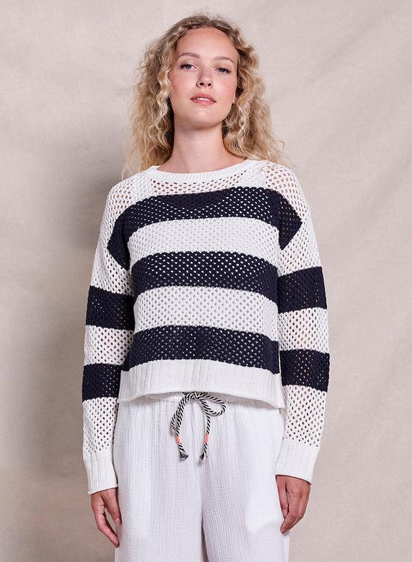 sundry Sundry Mesh Stripe Boat Neck Sweater in Deep Navy