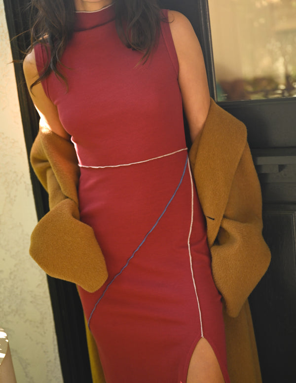 Sundry Sundry Midi Seamed Mock Neck Dress In Tibet Red