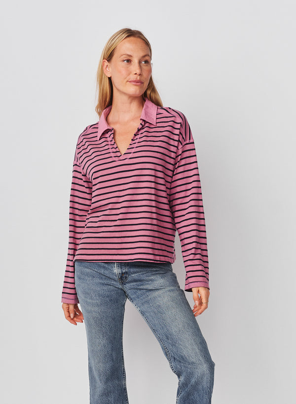 Sundry Sundry Popover Polo Boyfriend Long Sleeve Top In Mauve