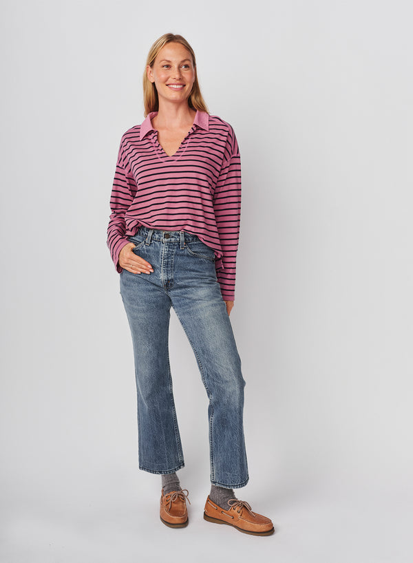 Sundry Sundry Popover Polo Boyfriend Long Sleeve Top In Mauve