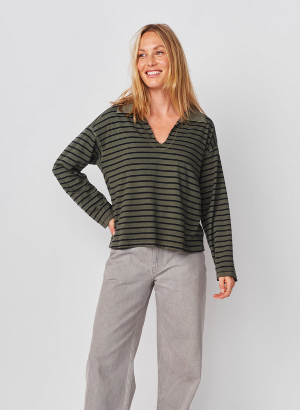 Sundry Sundry Popover Polo Boyfriend Long Sleeve Top In Signature Green